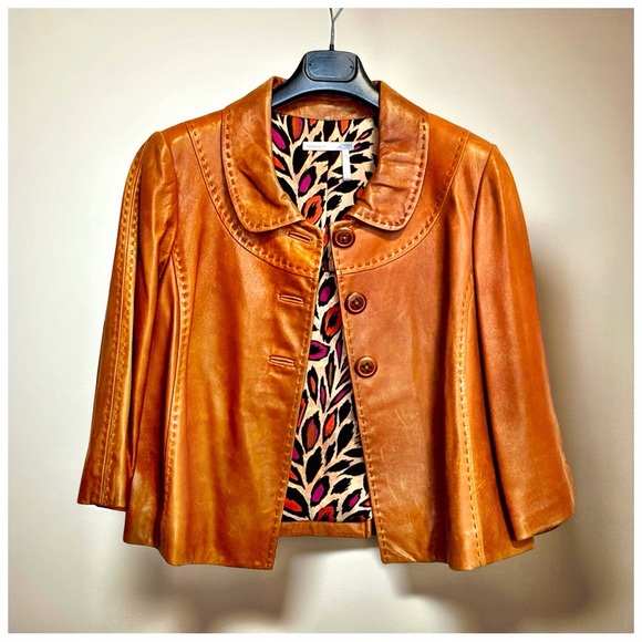 Classiques Entier Butterscotch Leather Jacket Leopard Print LiningSize M